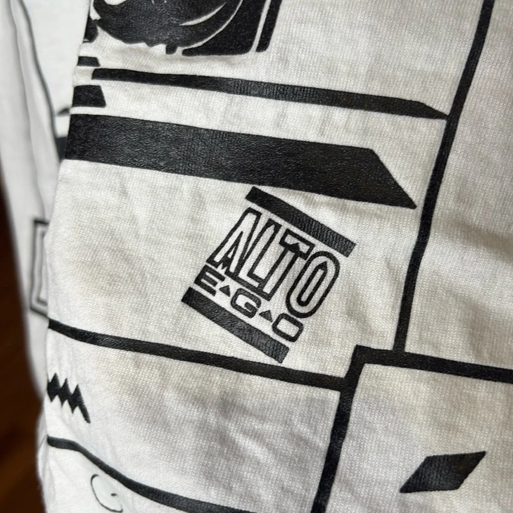 True 80s Vintage White Cotton T-Shirt Black Graphics Art Deco XL Oversized - Picture 5 of 5